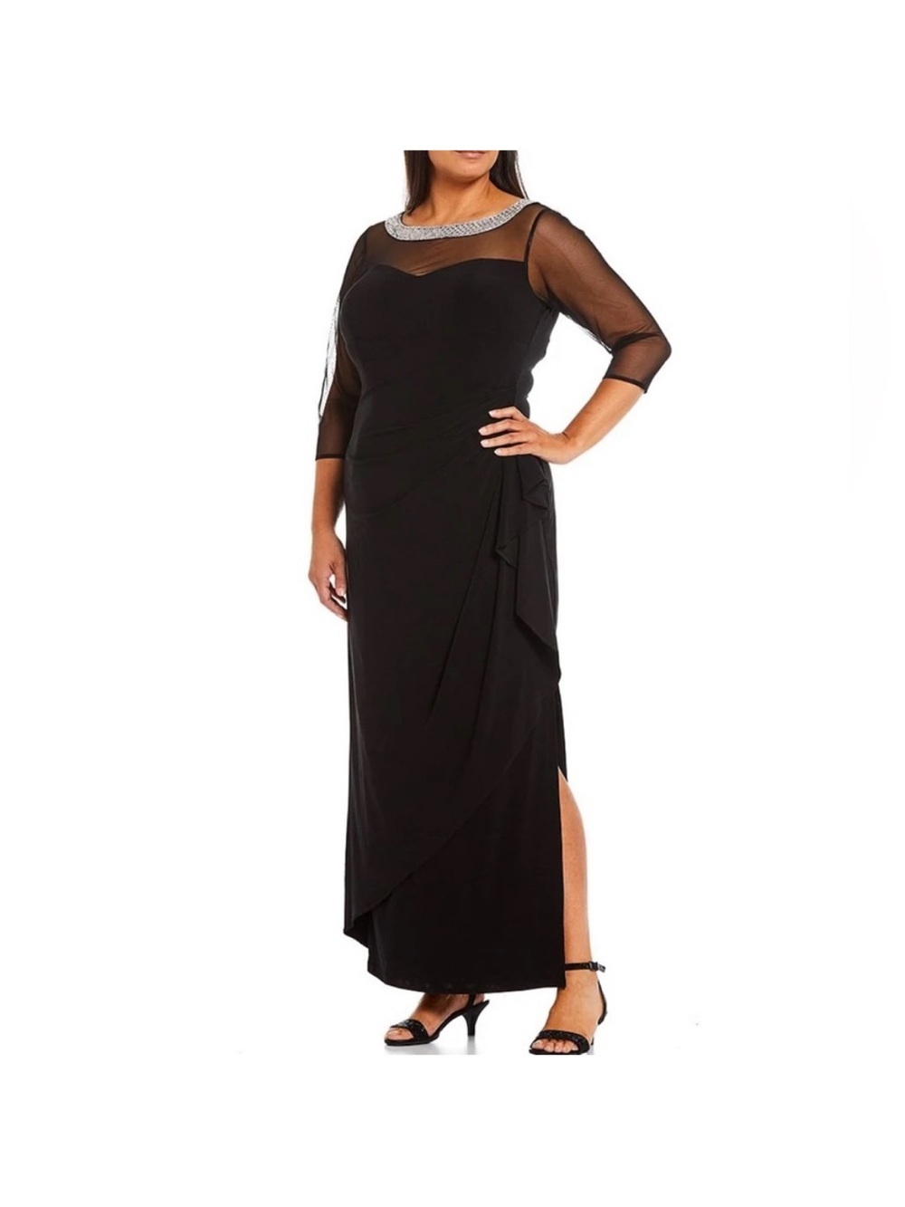 Alex Evenings Sweetheart embellished Neck illusion Side Slit Ruched Black Gown